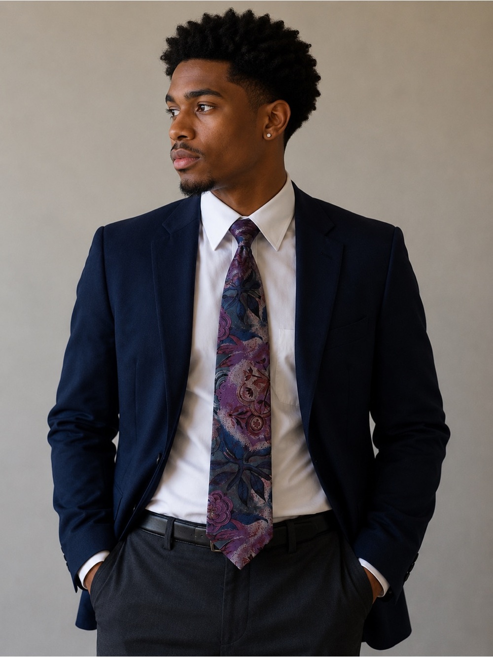 Vintage Structure 100% Silk Abstract Floral Tie Purple Blue Artistic Necktie